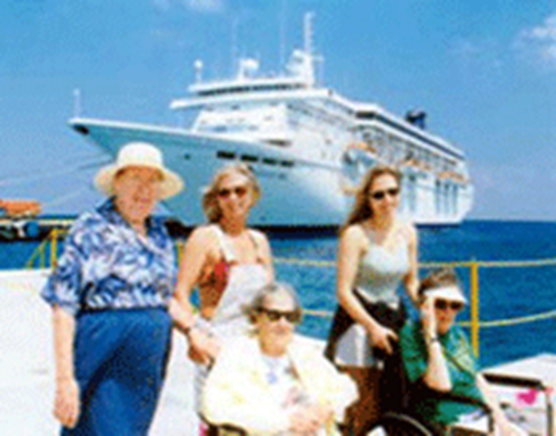 Two beautiful girls and three elderly woman